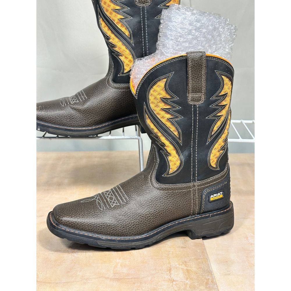Ariat Work Mens Brown Black Yellow Mesh Western Square Toe Boots 10034114 Size 6